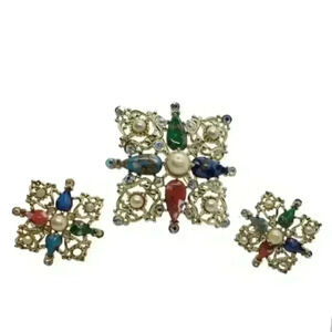 Vintage Sarah Coventry Galaxy Brooch Earrings Set MCM Swirl Glass Cabs AB Pearls